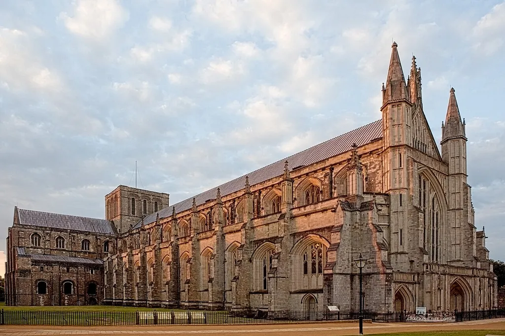 4am shot of Winchester Cathedral showing west end, central tower &amp; UKs 2nd longest cathedral nave