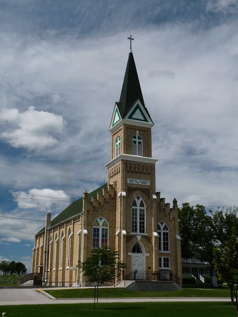 St. Lawrence Catholic Church in Stangelville, Wisconsin, is a rural church with a steeple 150 feet high, built in Victorian Gothic style by Bohemian immigrants from 1892 to 1894. It is now listed on the National Register of Historic Places.