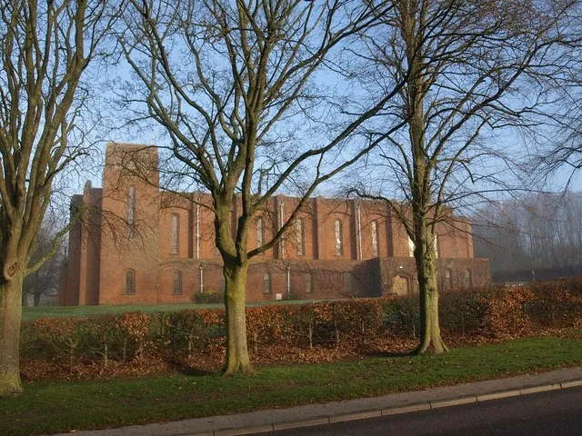 Garrison Church of St Alban the Martyr, Larkhill. A further view of 135143 on a misty day. The brick church was built in 1937.