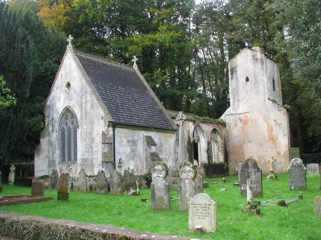 Rolle family mausoleum, churchyard and ruin of the old St Mary's parish church at Bicton Park, Devon, seen from the east