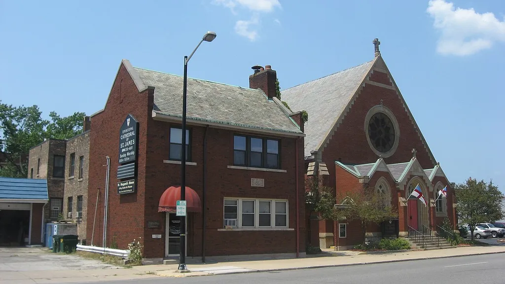 Front of St. James Cathedral and its parish hall, located at 115 and 117 S. Lafayette Street in South Bend, Indiana, United States. Built in 1894, the complex is listed on the National Register of Historic Places.