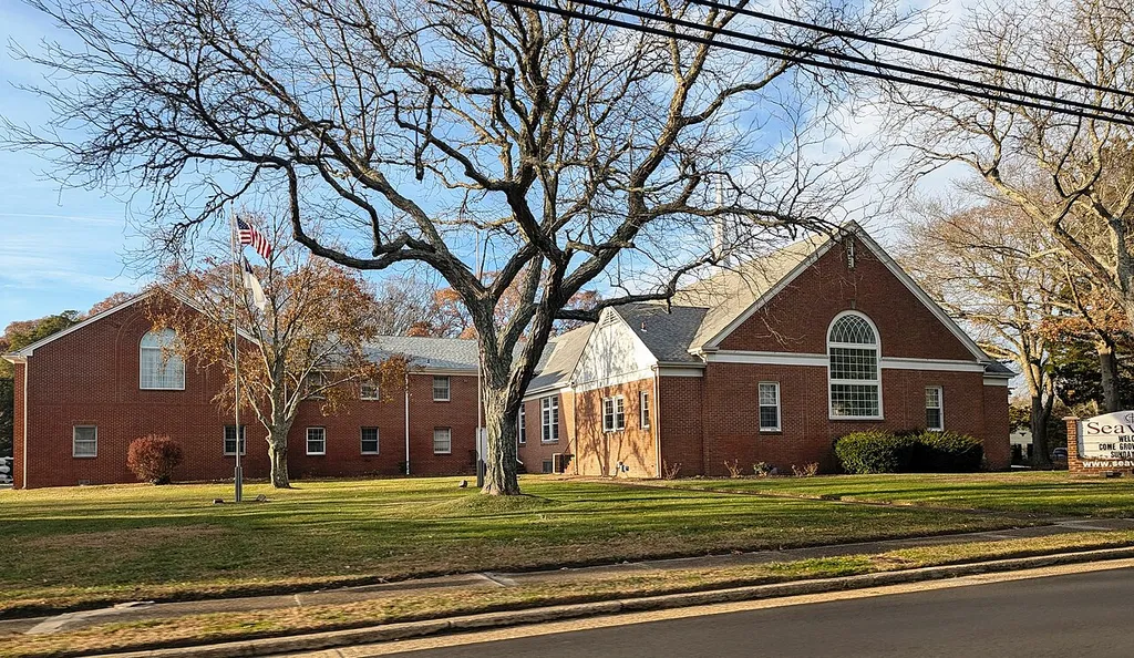 Photo of the Seaview Baptist Church in Linwood, New Jersey. Photo taken from County Route 585 (Shore Road) looking west-northwest.