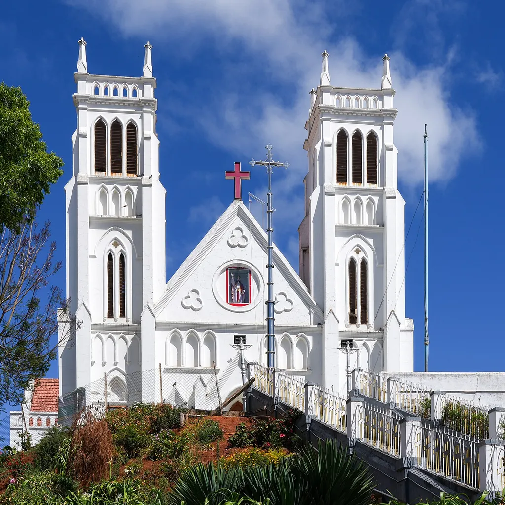 Front facade of Sacred Heart Cathedral from Bandishola Road, Ooty, The Nilgiris, Tamil Nadu, India