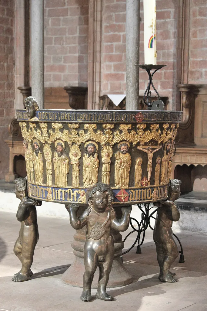 Evangelisch-Lutherische Kirche St. Petri (St.-Petri-Dom) in Schleswig im Kreis Schleswig-Flensburg in Schleswig-Holstein/Deutschland, Bronzetaufe von 1480