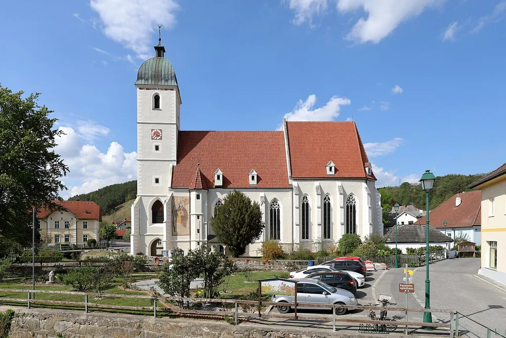 South view of the parish church in Kirchschlag in der Buckligen Welt, Lower Austria.
