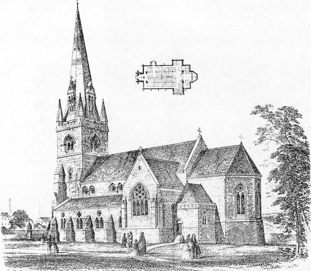 Drawing of St John's parish church, Turncroft, Over Darwen, Lancashire. Scanned from Brandwood, Geoff; Austin, Tim; Hughes, John; Price, James (2012), The Architecture of Sharpe, Paley and Austin, Swindon: English Heritage, ISBN 978-1-84802-049-8, page 66