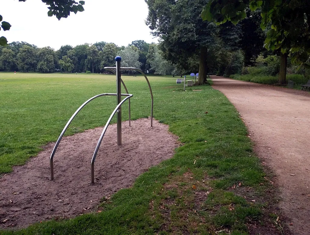 Outdoor gym in the Schillerpark at Edinburger Straße in Berlin-Wedding, Germany