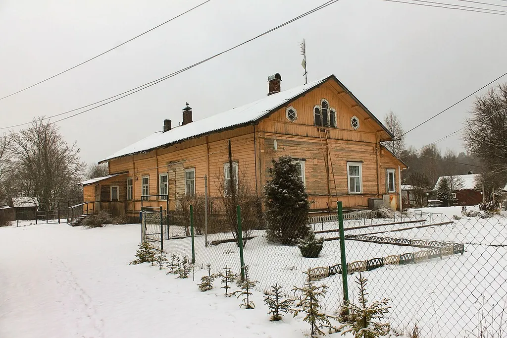 House near railroad in Kulikovo, Lakhdenpokhsky district, Karelia, Russia. Photographed during North-west Russia wiki-historians user group gathering at December 25, 2020.