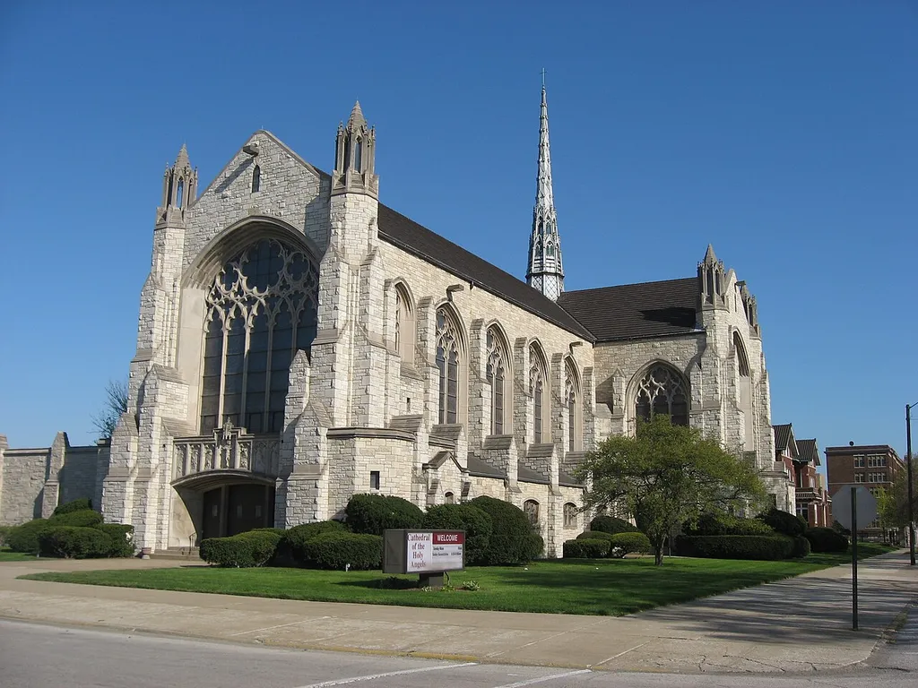 Front of the Cathedral of the Holy Angels, the cathedral church of the Roman Catholic Diocese of Gary, located at 640 Tyler Street in Gary, Gary, United States.