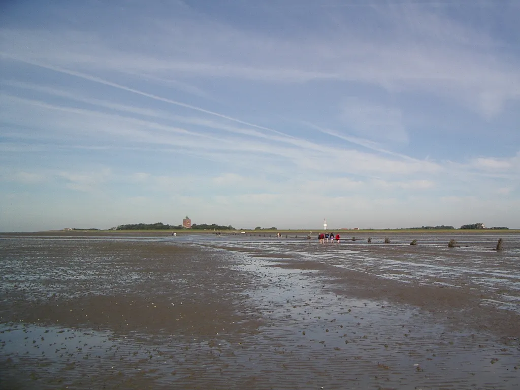 Beschreibung: Watt bei Cuxhaven, mit Blick auf die Insel Neuwerk