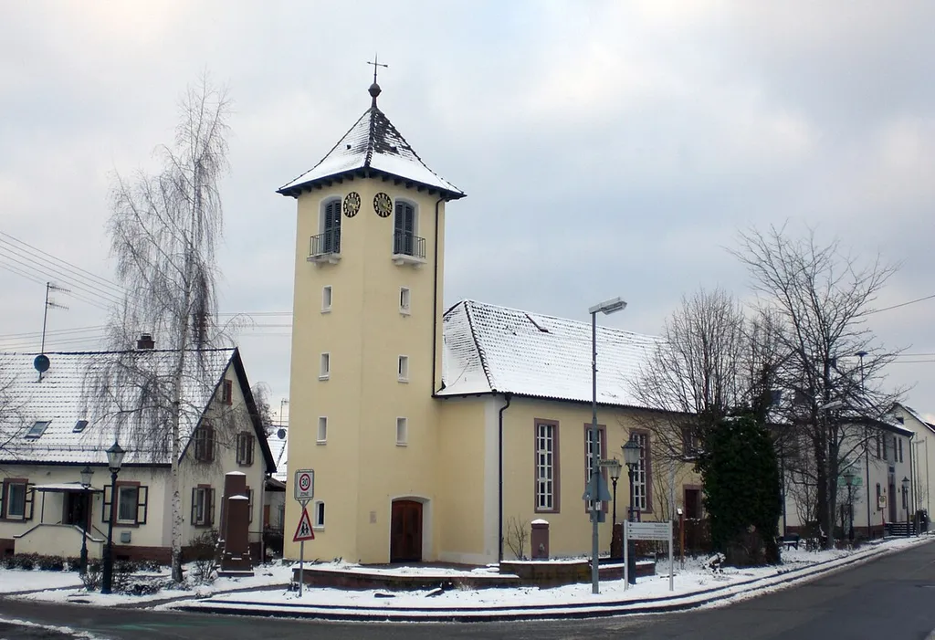 Protestant church in Karlsbad-Auerbach (Baden), Germany on a winter day