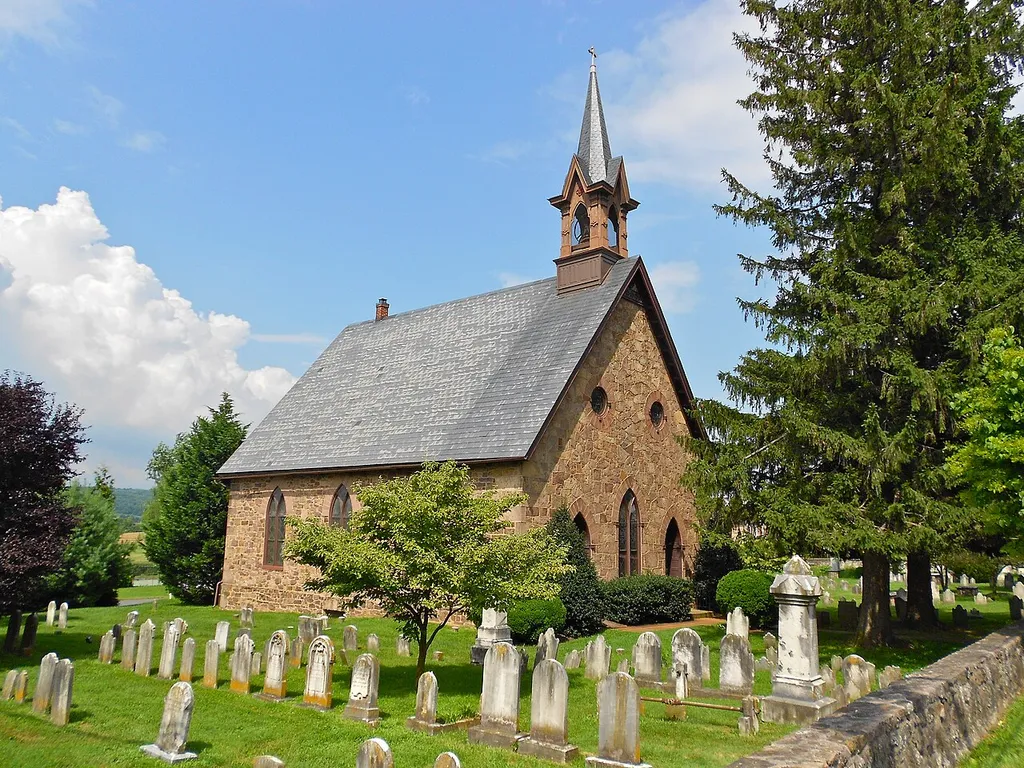 Bangor Episcopal Church on the NRHP since April 30, 1987. At the Northwestern corner of Main and Water Streets, Churchtown, Caernarvon Township, Lancaster County, Pennsylvania. This is an image of a place or building that is listed on the National Register of Historic Places in the United States of America. Its reference number is 87000664 (Wikidata).