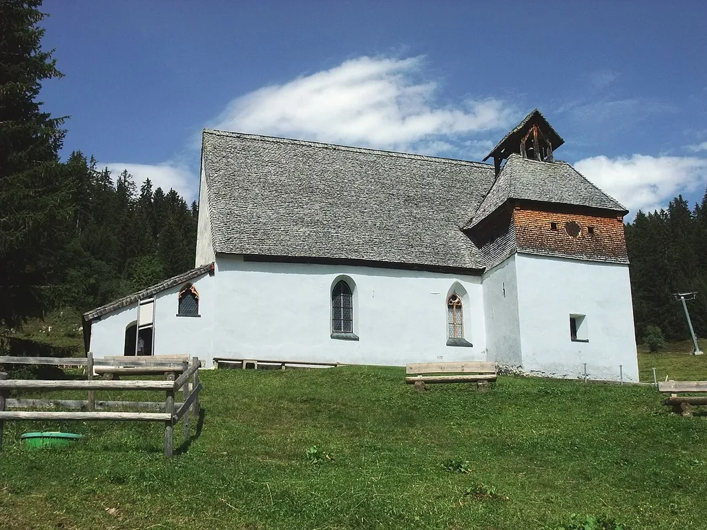 Montafon is a 39 km long valley situated in the westernmost federal state Vorarlberg of Austria. View to the Church St. Agatha in Kristberg.