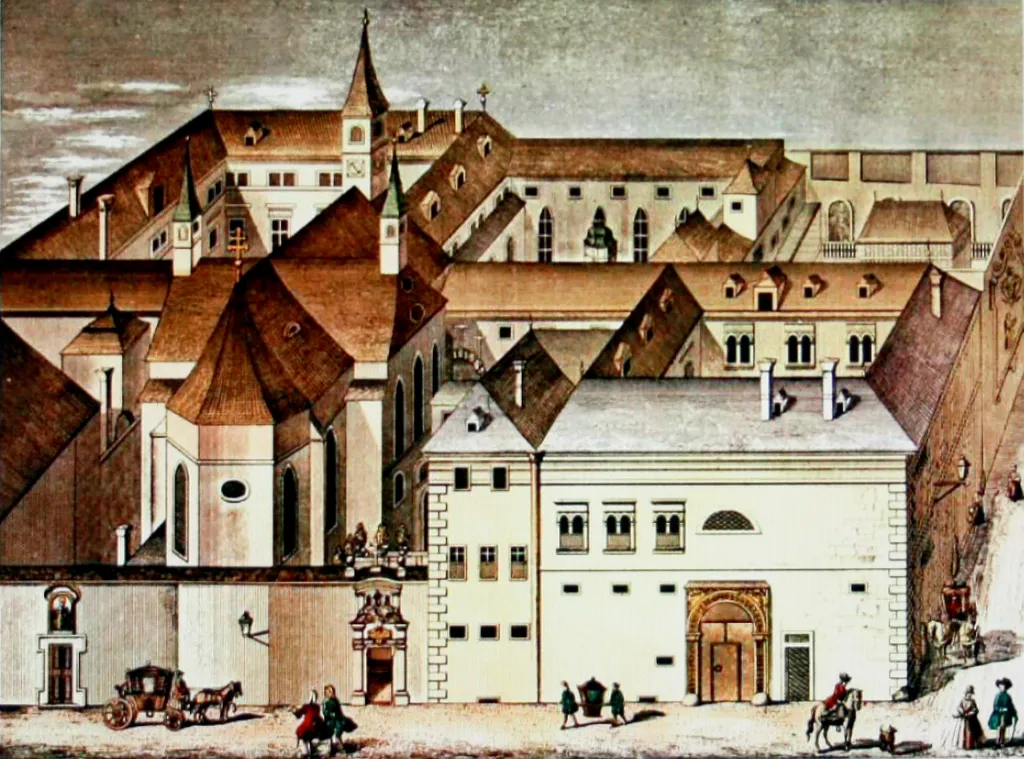 The former monastery Saint Mary Queen of Angels in Vienna. After a bird's-eye view of 1740