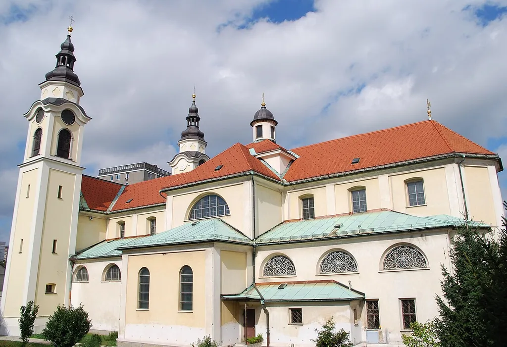St. Peter's Church in Ljubljana (Center District). Photo taken through a window at the Institute of Biophysics.