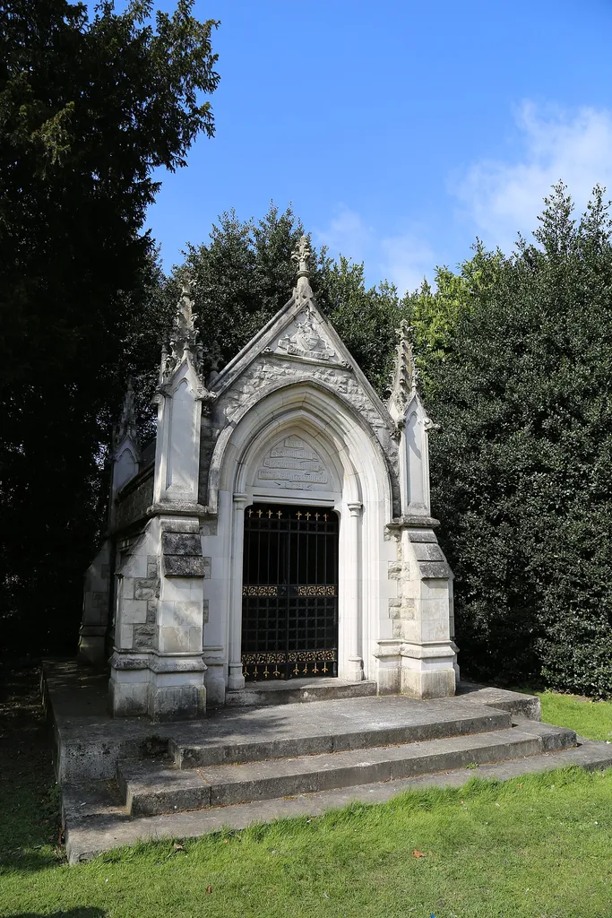 The 1889-constructed buttressed, crocketed and pinnacled tomb holding the ashes of Lieutenant Colonel William Haywood (1821-1894), the tomb also including the ashes of his wife Jemima Emma (1841-1896), at the City of London Cemetery, Newham, London, England. The City of London Cemetery was laid out to the designs of William Haywood, who also aided Joseph Bazalgette in the design and improvement of the London sewerage system, and worked with James Bunning on the Holborn Viaduct.Mobile device view: Wikimedia (April 2020) makes it difficult to immediately view photo groups related to this image. To see its most relevant allied photos, click on City of London Cemetery and Crematorium, and this uploader's Photos. You can add a click-through 'categories' button to the very bottom of photo-pages you view by going to settings... three-bar icon top left.Desktop view: Wikimedia (April 2020) makes it difficult to immediately view the helpful category links where you can find images related to this one in a variety of ways; for these go to the very bottom of the page.This image is one of a series of date and/or subject allied consecutive photographs kept in progression or location by file name number and/or time marking.Camera: Canon EOS 6D with Canon EF 24-105mm F4L IS USM lens.Software: File lens-corrected, optimized, perhaps cropped, with DxO OpticsPro Elite, and likely further optimized with Adobe Photoshop CS2.