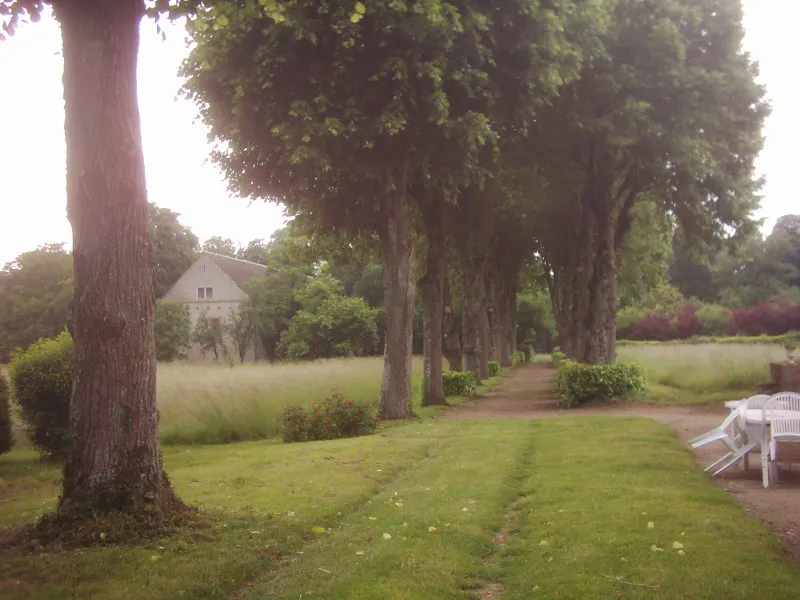 Allée qui mène après le portail à l'emplacement de l'ancienne abbaye de La Guiche, avec sur la gauche, la grange, seul bâtiment subsistant.