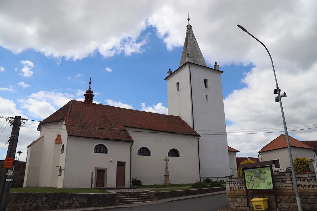 Side view of church of Exaltation of the Holy Cross in Valeč, Třebíč District.