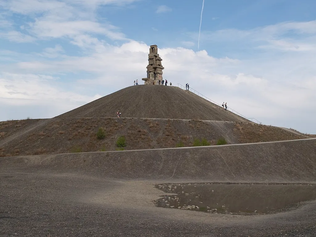 Halde der Zeche Rheinelbe in Gelsenkirchen, mit Skulptur "Himmelstreppe" von Herman Prigann