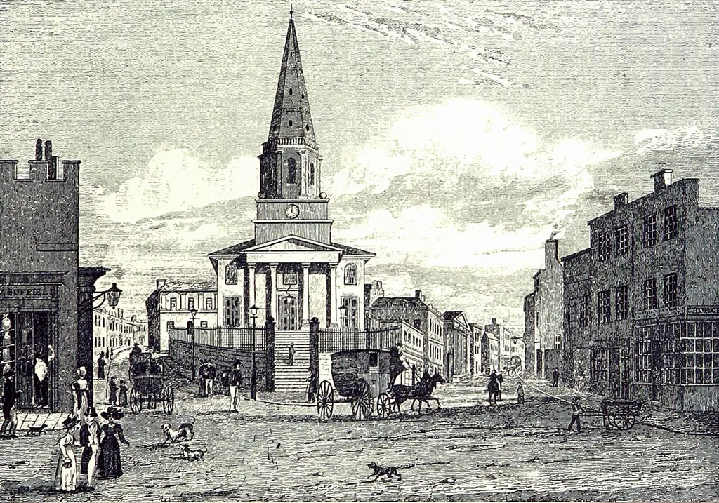 The, now demolished, Christ Church (1813-1899) on the corner of Ann Street and New Street, Birmingham, England. It stood on what is now Victoria Square. Image extracted from page 307 (279) of The Making of Birmingham: being a history of the rise and growth of the Midland metropolis ... With ... illustrations, etc', by DENT, Robert Kirkup. Original held and digitised by the British Library. Copied from Flickr. Note: The colours, contrast and appearance of these illustrations are unlikely to be true to life. They are derived from scanned images that have been enhanced for machine interpretation and have been altered from their originals.