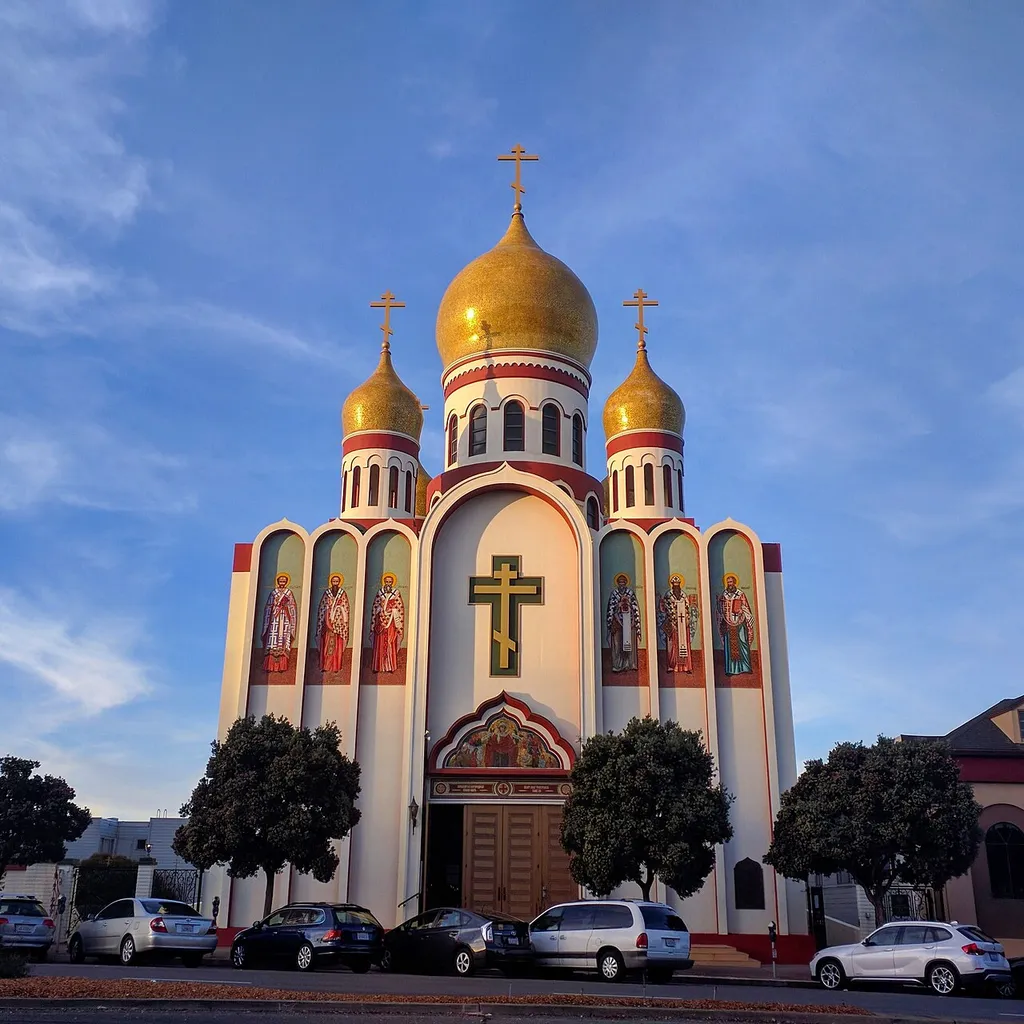 The front of the Holy Virgin Cathedral in San Francisco as seen from Geary Street. Taken in the evening on November 25th, 2018.