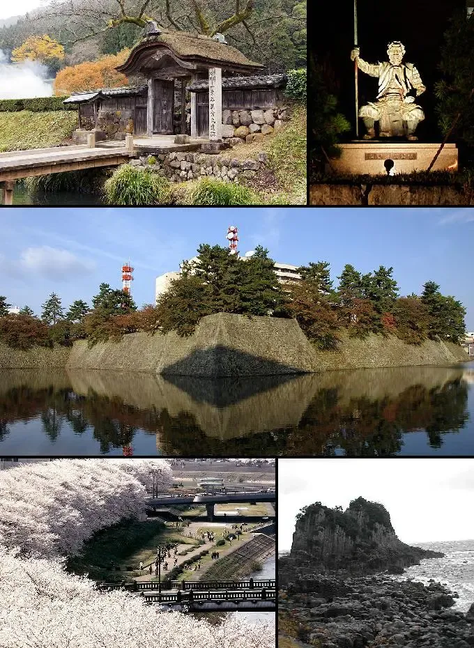 From top left: Ichijōdani Asakura Family Historic Ruins, Kitanosho Castle Park, Fukui Castle, Asuwa River, Echizen-Kaga Kaigan Quasi-National Park