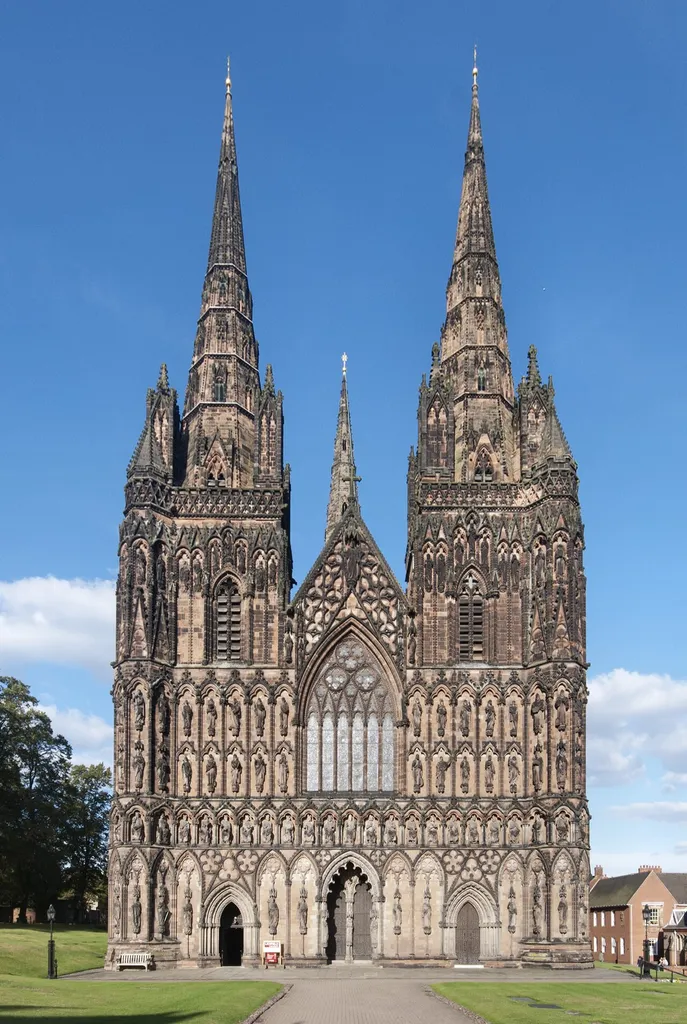 The west front and main entrance to Lichfield Cathedral in Staffordshire, England.