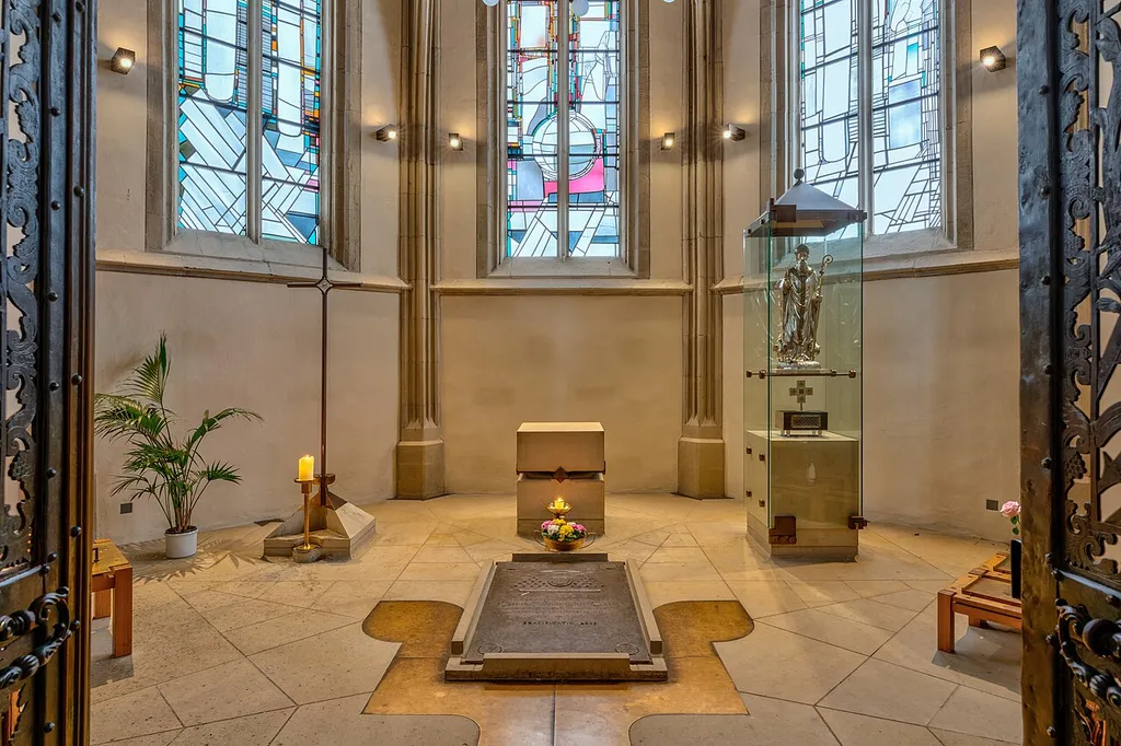 Tomb of Clemens August von Galen in the Ludgerus Chapel in the St Paul’s Cathedral, Münster, North Rhine-Westphalia, GermanySt. Paul’s Cathedral is the cathedral of the Diocese of Münster and is dedicated to St. Paul the Apostle. This building is one of the landmarks of the city of Münster. Today’s St. Paul’s Cathedral is the third cathedral of the Diocese of Münster, following two previous buildings. The current building was constructed between 1225 and 1264 on the Horsteberg hill and has been repeatedly expanded and rebuilt. After suffering severe damage, the cathedral was rebuilt between 1946 and 1956 and solemnly consecrated in 1956. The cathedral and cathedral square with the adjacent buildings are located on the site of the Carolingian cathedral hill and cathedral immunity.