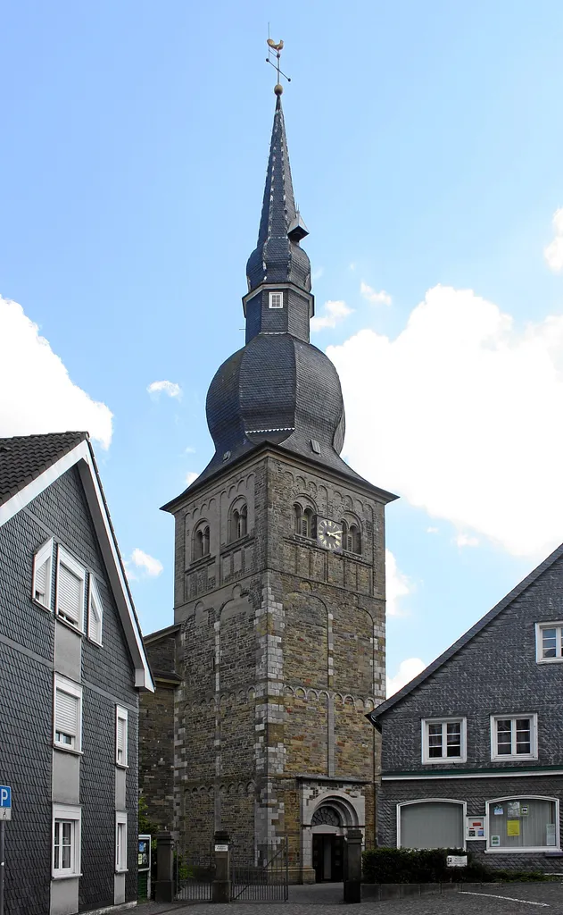Wermelskirchen, Germany. Protestant city church, romaneque tower (1180-1230) with baroque spire (1765).