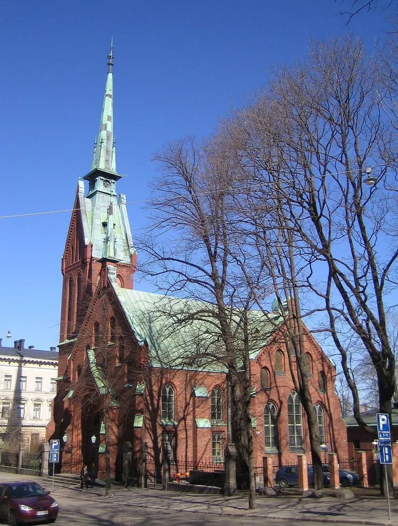 Saksalainen kirkko (German church), Bernhardinkatu 4 / Unioninkatu 1, Helsinki, Finland. Arkkitehti: Harald Bosse, C.J. von Heideken. Rakennusvuosi: 1864