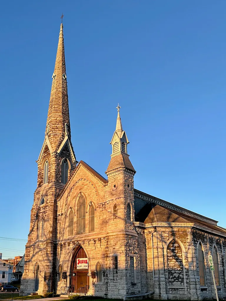The former North Presbyterian Church, now Faith Community Church, in Geneva, New York. Contributing property of the Genesee Park Historic District.