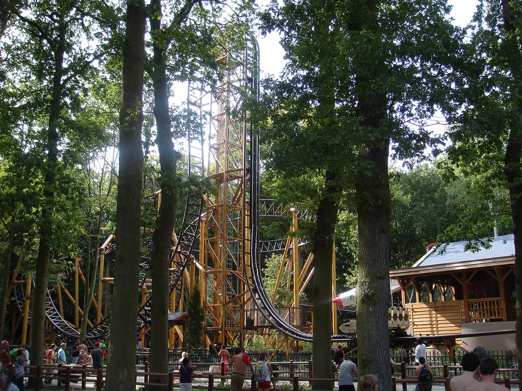 The roller coaster "Falcon" in the Dutch amusement park Duinrell.
