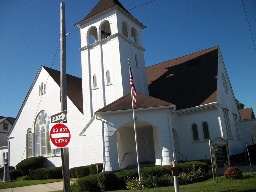 The historic 1891-built First Congregational Church of Bay Shore as seen from the corner of Union Boulevard and First Street in Bay Shore, New York. This church is on the National Register of Historic Places, and this photograph is the first of more to come.