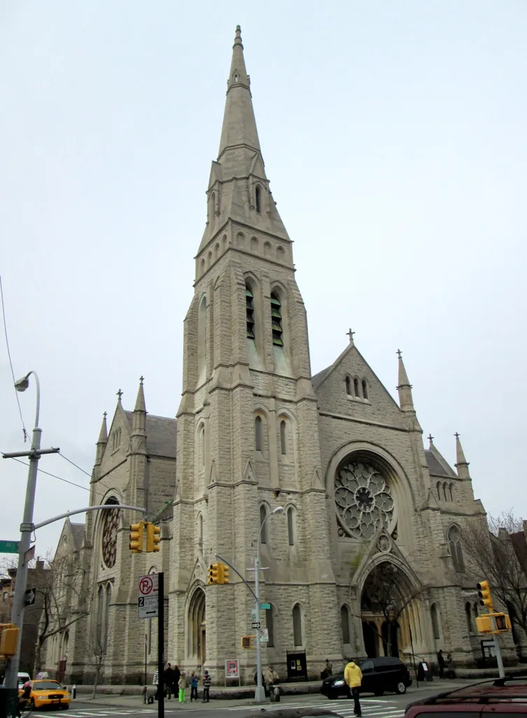 The Old First Reformed Church at 126 7th Avenue at Carroll Street in the Park Slope neighborhood of Brooklyn, New York City, was built in 1888-1893 and was designed by George L. Morse in the Late Gothic revival style. (Source: AIA Guide to NYC (5th ed.))