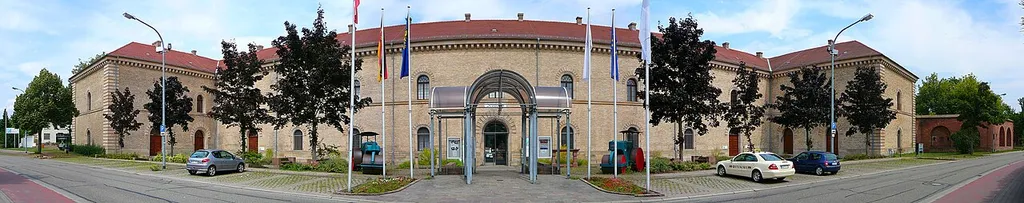Front of the Deutsches Straßenmuseum, Germersheim, Rhineland-Palatinate, Germany. The building originally served as arsenal of the Germersheim fort.