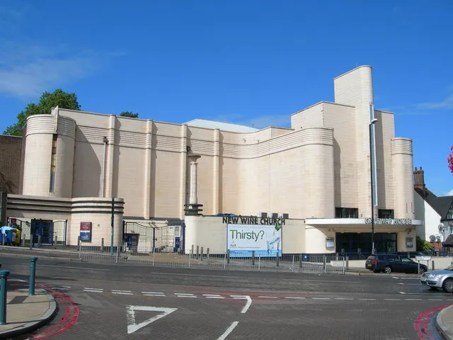 View from Powis Street of New Wine Church, Woolwich, South East London. A Streamline Moderne building designed by George Coles and built as an Odeon cinema in 1937. Later a Coronet cinema, and now a church.