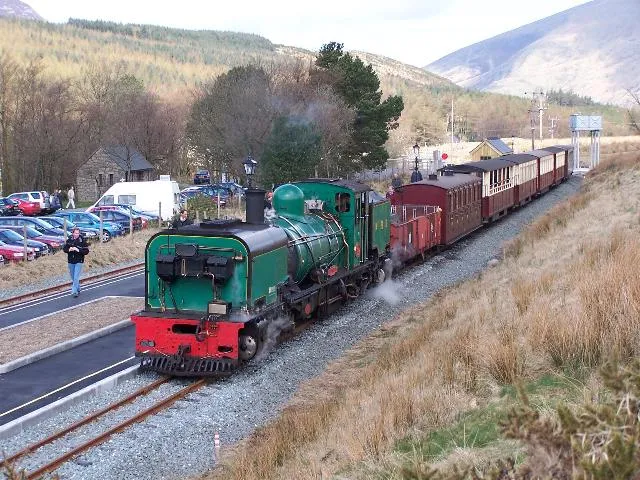 WHR train with Garratt 138 in the Down Platform at Rhyd Ddu station, during the period when the Up Platform was not available for use by carriages.