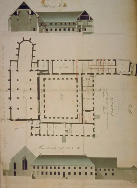 Plan und Ansichten von Dominikanerkloster und -kirche St. Crux in Soest, 1813