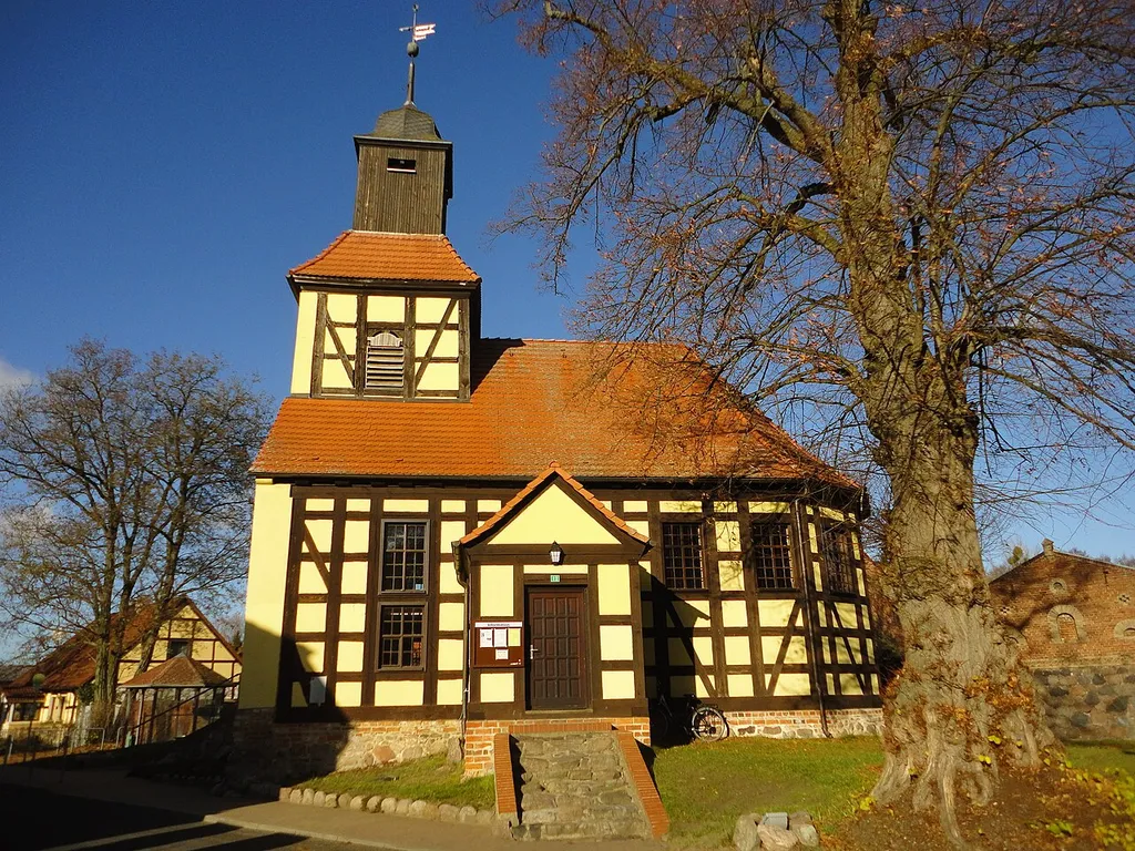 Southern view of former church of Tuchen, Breydin municipality, Barnim district, Brandenburg state, Germany