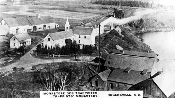 Postcard looking down on Trappist monastery buildings in Rogersville, circa 1920.