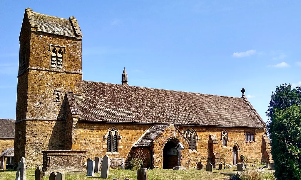 Tower and south elevation of the Church of St James the Great, Claydon, Oxfordshire, in August 2025