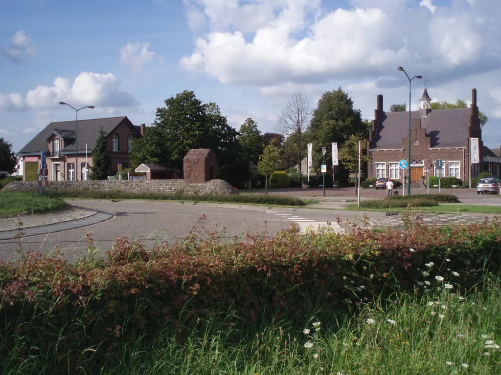 Roundabout in Oeffelt, Netherlands, former city hall and monument of the former municipality Oeffelt becoming part of Boxmeer