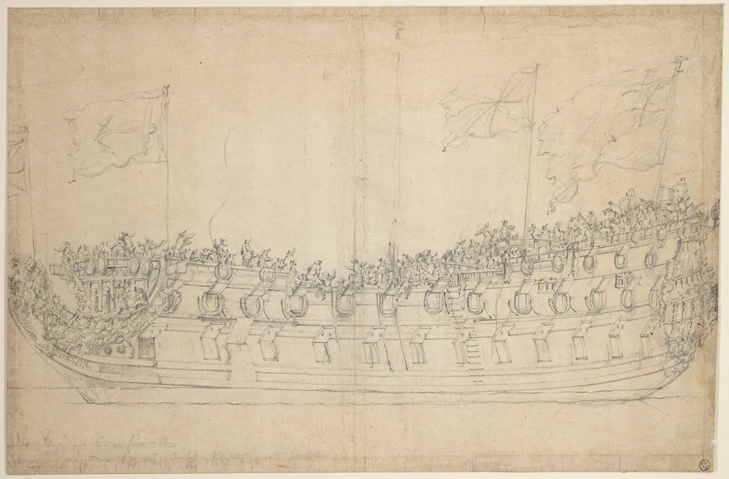 Stirling Castle 1679 [British navy]. A 70-gun third-rate built at Deptford and launched in 1679. It was rebuilt in 1699 and was one of three similar warships of Rear-Admiral Basil Beaumont’s squadron lost on the Goodwin Sands in the Great Storm of 1703. (The NMM also holds items recovered from modern investigation of the wreck.) Carefully and accurately executed, probably from an offset, this drawing shows the ship from before the port beam immediately after her launching. The staff amidships, where the royal standard flew at the launching, is bare; but there is a jack on the stem, an Admiralty flag forward, a Union flag aft, and an ensign. On the broadside the ship carries thirteen guns on the gun deck, thirteen on the upper deck, two each on the forecastle and poop and five on the quarterdeck. It has wreathed ports and a crowned lion figurehead. Originally inscribed ‘Jacobus te blackwall’ (?), this is crossed out, with ‘de Lense vande sterlings kastell’ written beneath (The launch of the ‘Stirling Castle’). In 1958 Robinson noted a starboard broadside view of the same ship in the collection of D.G. van Beuningen.