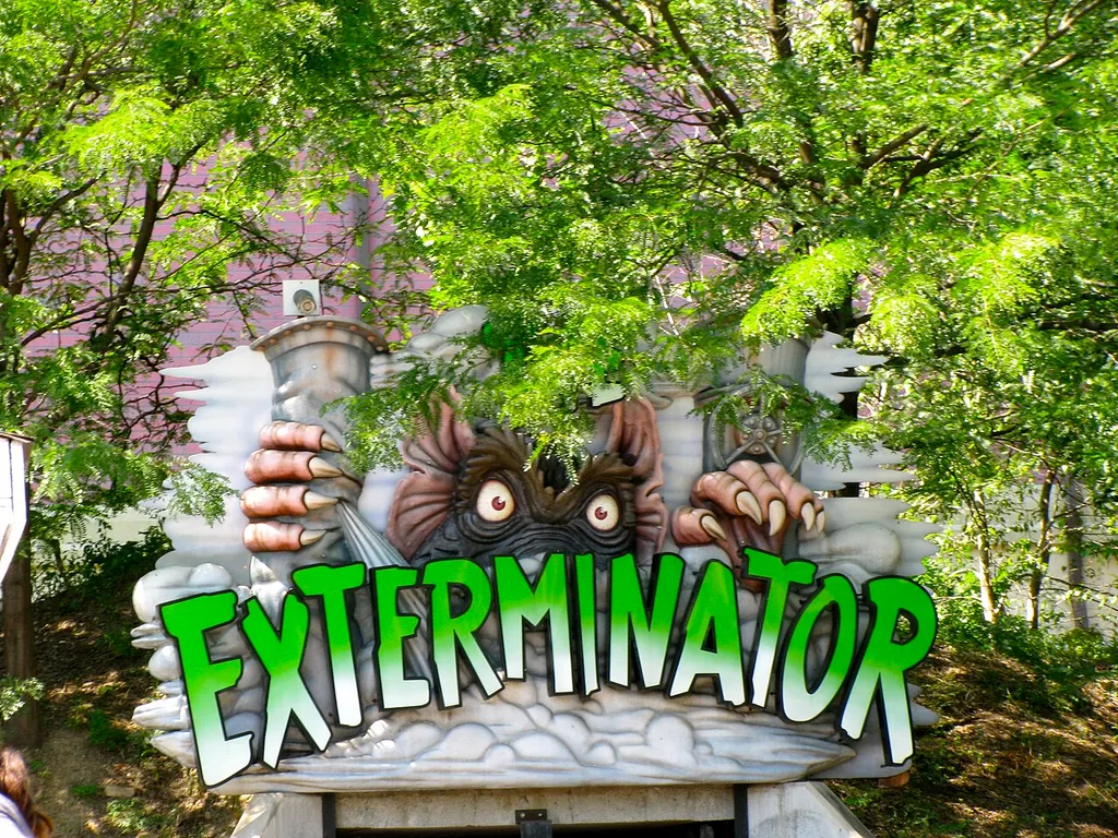 Sign from the Exterminator Dark Ride/Coaster at Kennywood Park.