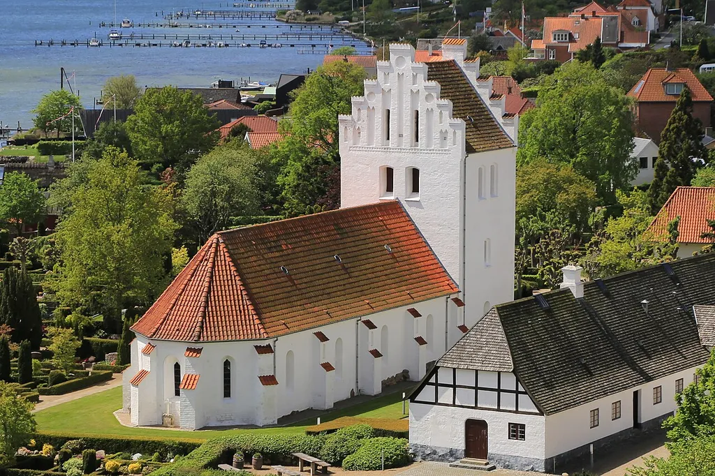 Sankt Jørgens church in Svendborg on Funen in Denmark, seen from the Svendborgsund bridge.