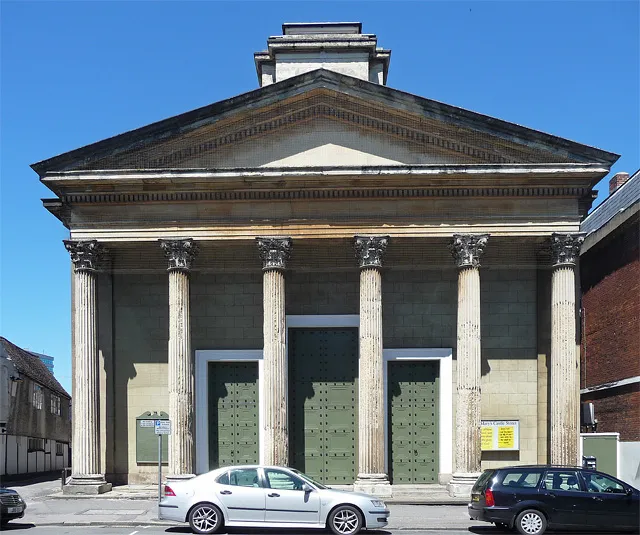 Corinthian portico of St Mary's church, Castle Street, Reading, Berkshire. The plinth above the pediment is the base of a former bell turret that was removed in 1959.