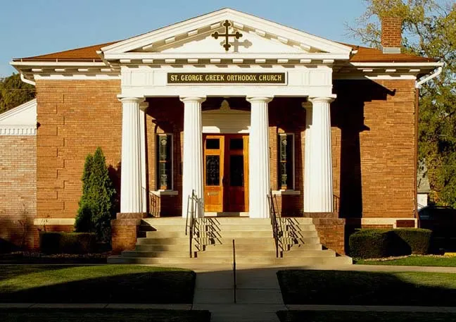 East facade of the Greek Orthodox Church of St. George in Des Moines, Iowa
