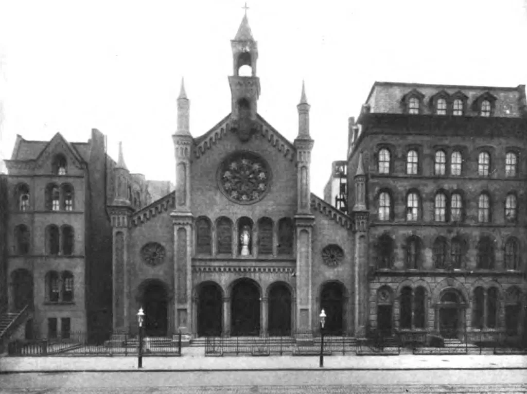 An image of Church of the Immaculate Conception taken from a 1914 publication entitled "The Catholic Church in the United States of America: Undertaken to Celebrate the Golden Jubilee of His Holiness, Pope Pius X, Volume 3." The image can be found on page 335.