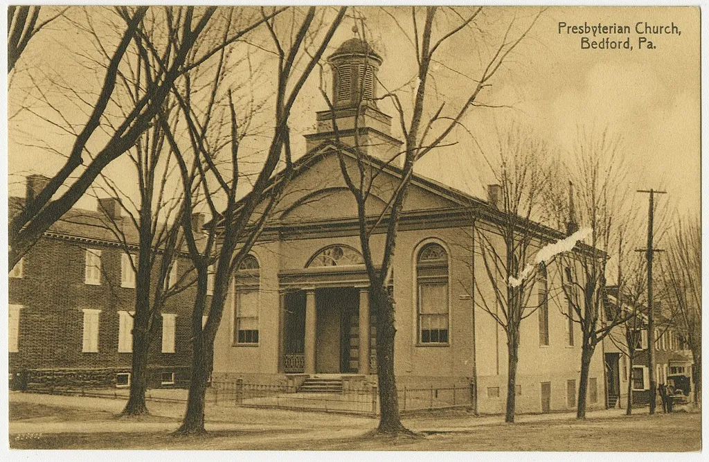 Presbyterian church in Bedford, Pennsylvania from a pre-1923 postcard From RG 428, Postcard Collection, Presbyterian Historical Society, Philadelphia, Pennsylvania.