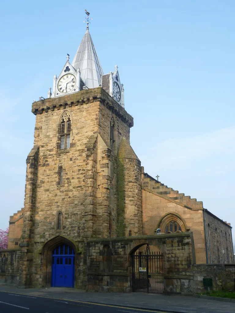 14thC tower of St. Peter's Kirk. The nave is a neo-Gothic rebuild following a devastating fire in the 1820s.